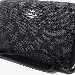 COACH Women's Long Zip Around Wallet In Signature Canvas (Graphite - Black)